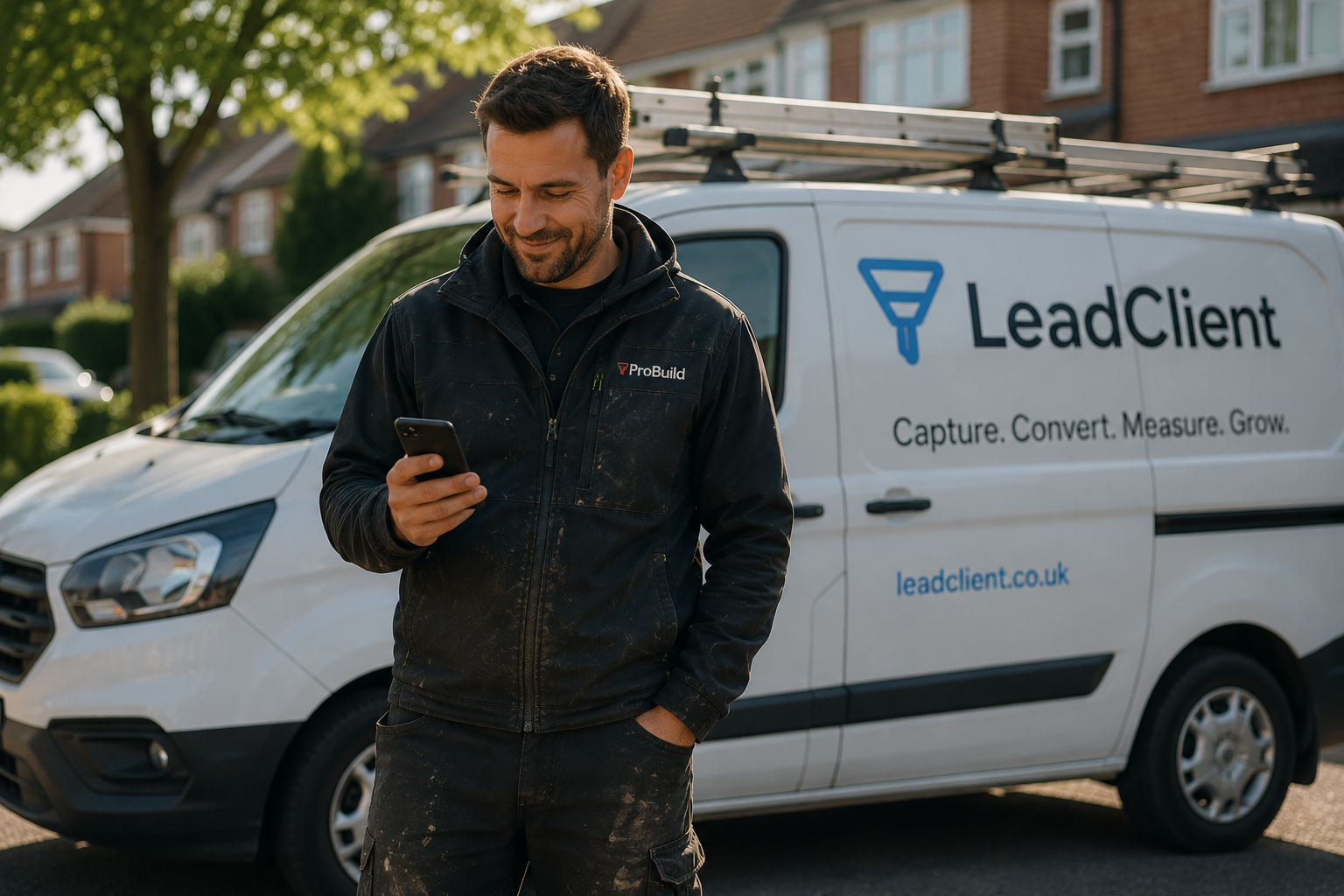 A tradesperson checking his phone in front of a branded LeadClient van on a UK street
